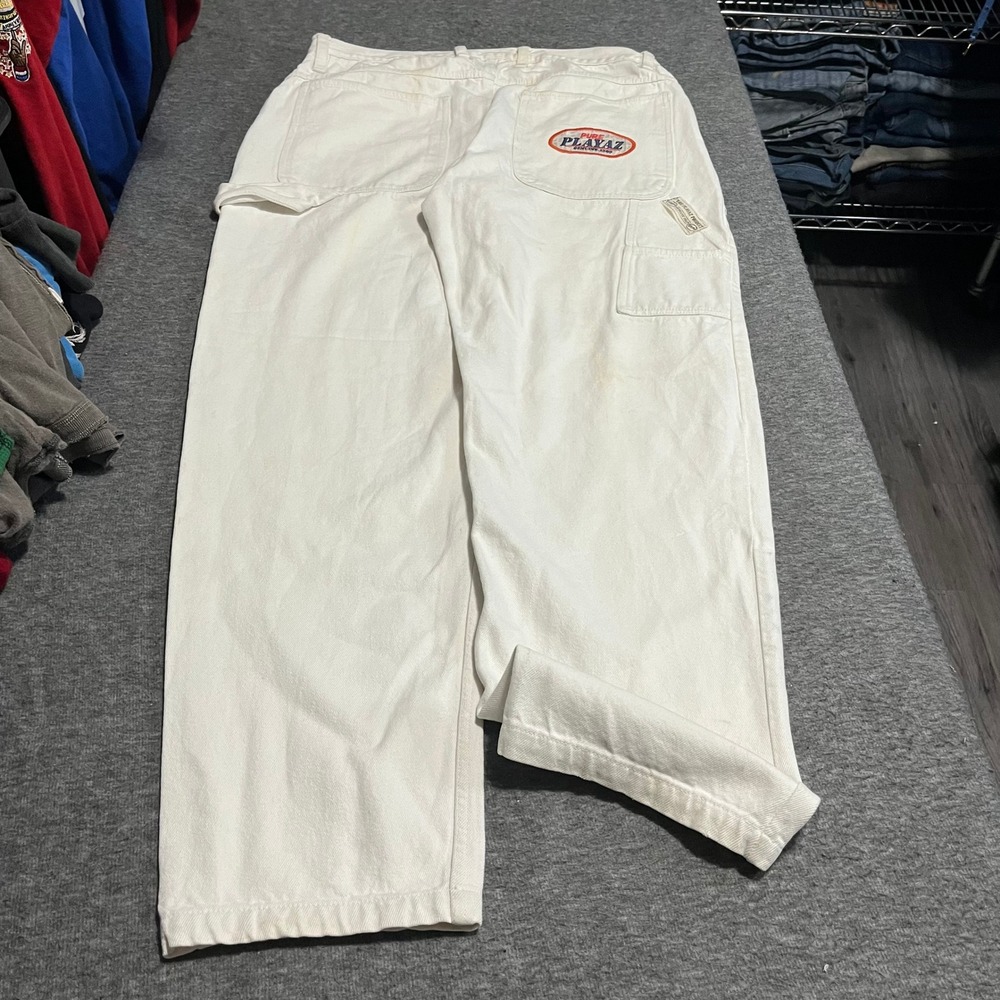 Pure Playaz Vintage White Carpenter Pants Baggy Wide Leg 38x34 90s Hip Hop